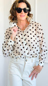 Charmed In Dots Italian Button Up Top- Ivory-170 Bottoms-AZUL MONACO-Coastal Bloom Boutique, find the trendiest versions of the popular styles and looks Located in Indialantic, FL