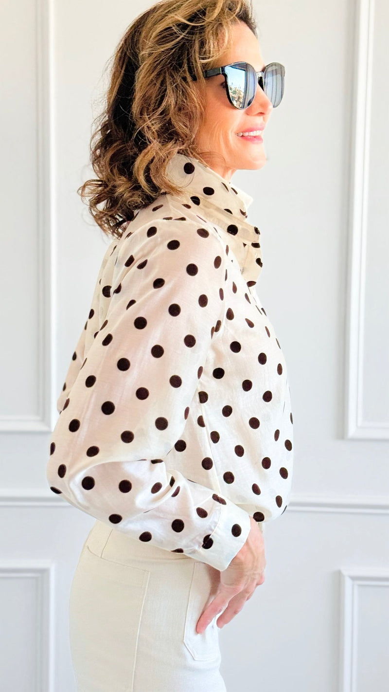 Charmed In Dots Italian Button Up Top- Ivory-170 Bottoms-AZUL MONACO-Coastal Bloom Boutique, find the trendiest versions of the popular styles and looks Located in Indialantic, FL