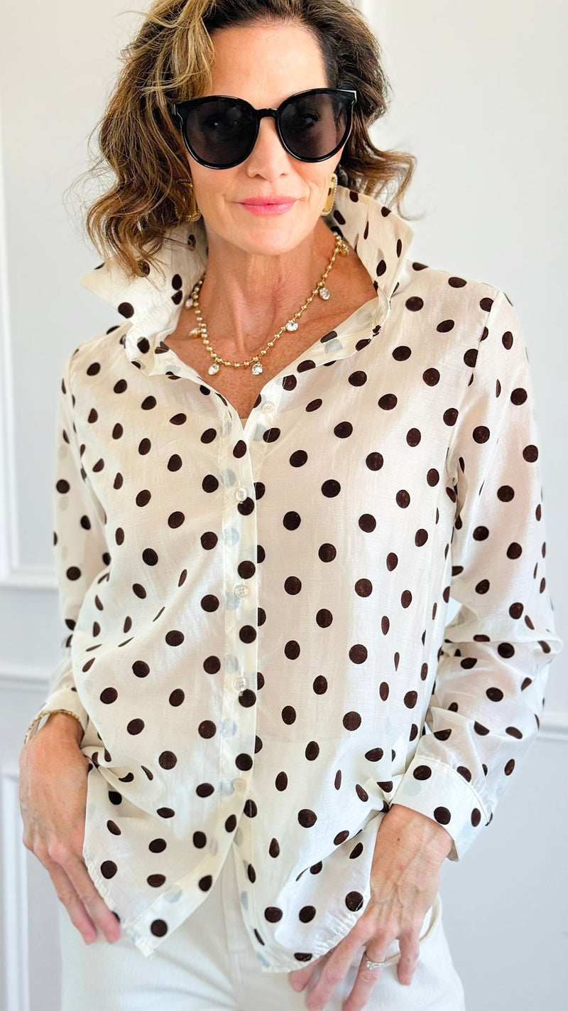 Charmed In Dots Italian Button Up Top- Ivory-170 Bottoms-AZUL MONACO-Coastal Bloom Boutique, find the trendiest versions of the popular styles and looks Located in Indialantic, FL