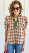 Checked Charm Puff Sleeve Top - Taupe-110 Short Sleeve Tops-entro-Coastal Bloom Boutique, find the trendiest versions of the popular styles and looks Located in Indialantic, FL