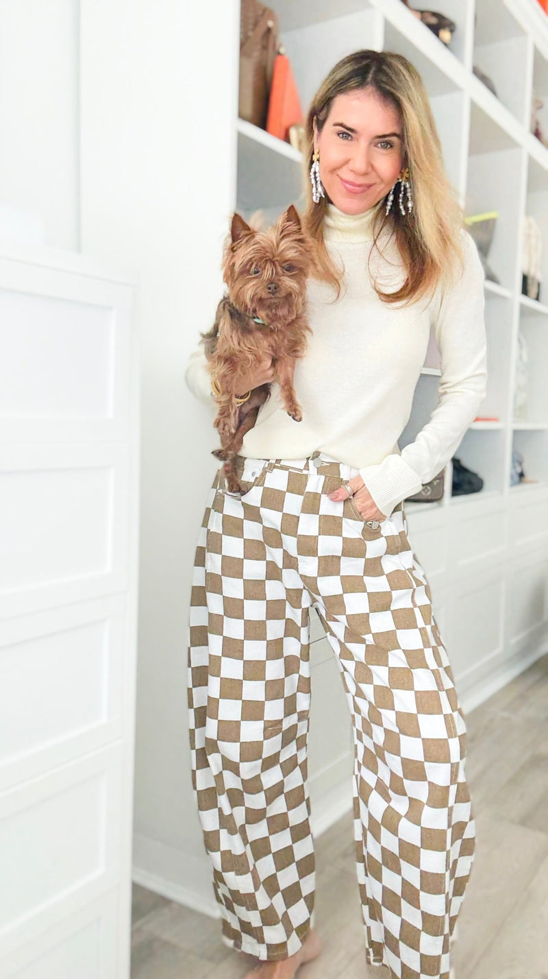 Checkered Denim Pants - Mocha-170 Bottoms-oddi-Coastal Bloom Boutique, find the trendiest versions of the popular styles and looks Located in Indialantic, FL