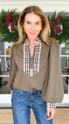 Checkmate Puff Sleeve Blouse - Olive-110 Long Sleeve Tops-JODIFL-Coastal Bloom Boutique, find the trendiest versions of the popular styles and looks Located in Indialantic, FL