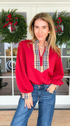 Checkmate Puff Sleeve Blouse - Red-110 Long Sleeve Tops-JODIFL-Coastal Bloom Boutique, find the trendiest versions of the popular styles and looks Located in Indialantic, FL