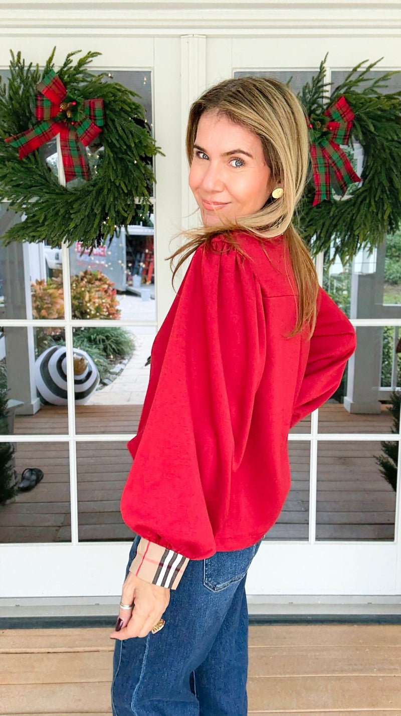 Checkmate Puff Sleeve Blouse - Red-110 Long Sleeve Tops-JODIFL-Coastal Bloom Boutique, find the trendiest versions of the popular styles and looks Located in Indialantic, FL