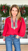 Checkmate Puff Sleeve Blouse - Red-110 Long Sleeve Tops-JODIFL-Coastal Bloom Boutique, find the trendiest versions of the popular styles and looks Located in Indialantic, FL