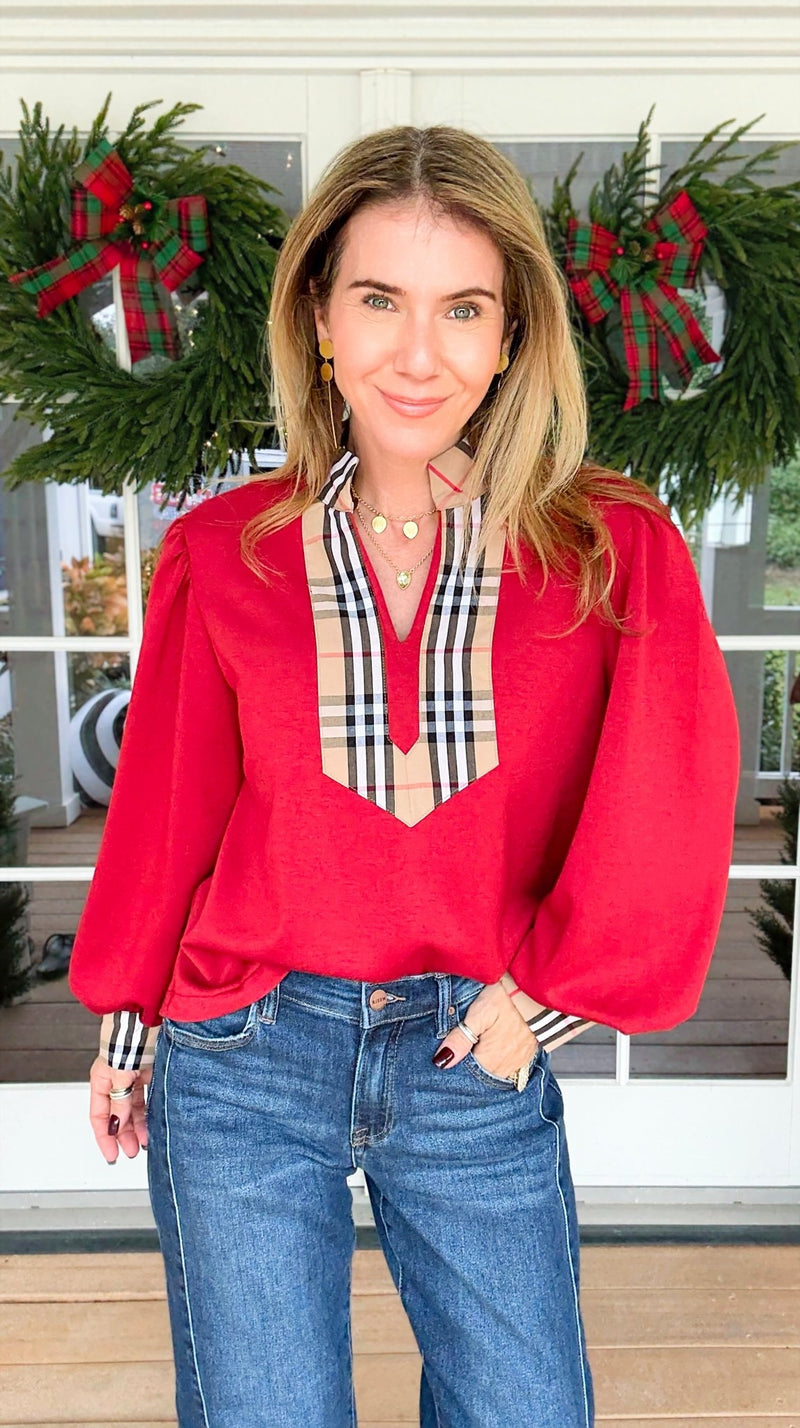 Checkmate Puff Sleeve Blouse - Red-110 Long Sleeve Tops-JODIFL-Coastal Bloom Boutique, find the trendiest versions of the popular styles and looks Located in Indialantic, FL
