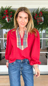 Checkmate Puff Sleeve Blouse - Red-110 Long Sleeve Tops-JODIFL-Coastal Bloom Boutique, find the trendiest versions of the popular styles and looks Located in Indialantic, FL