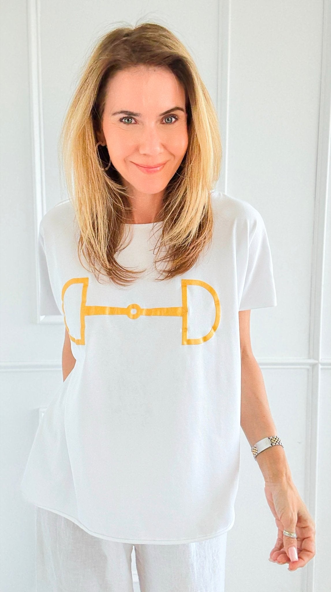 Chic Equestrian Italian Graphic tee- White/Gold-110 Short Sleeve Tops-Italianissimo-Coastal Bloom Boutique, find the trendiest versions of the popular styles and looks Located in Indialantic, FL