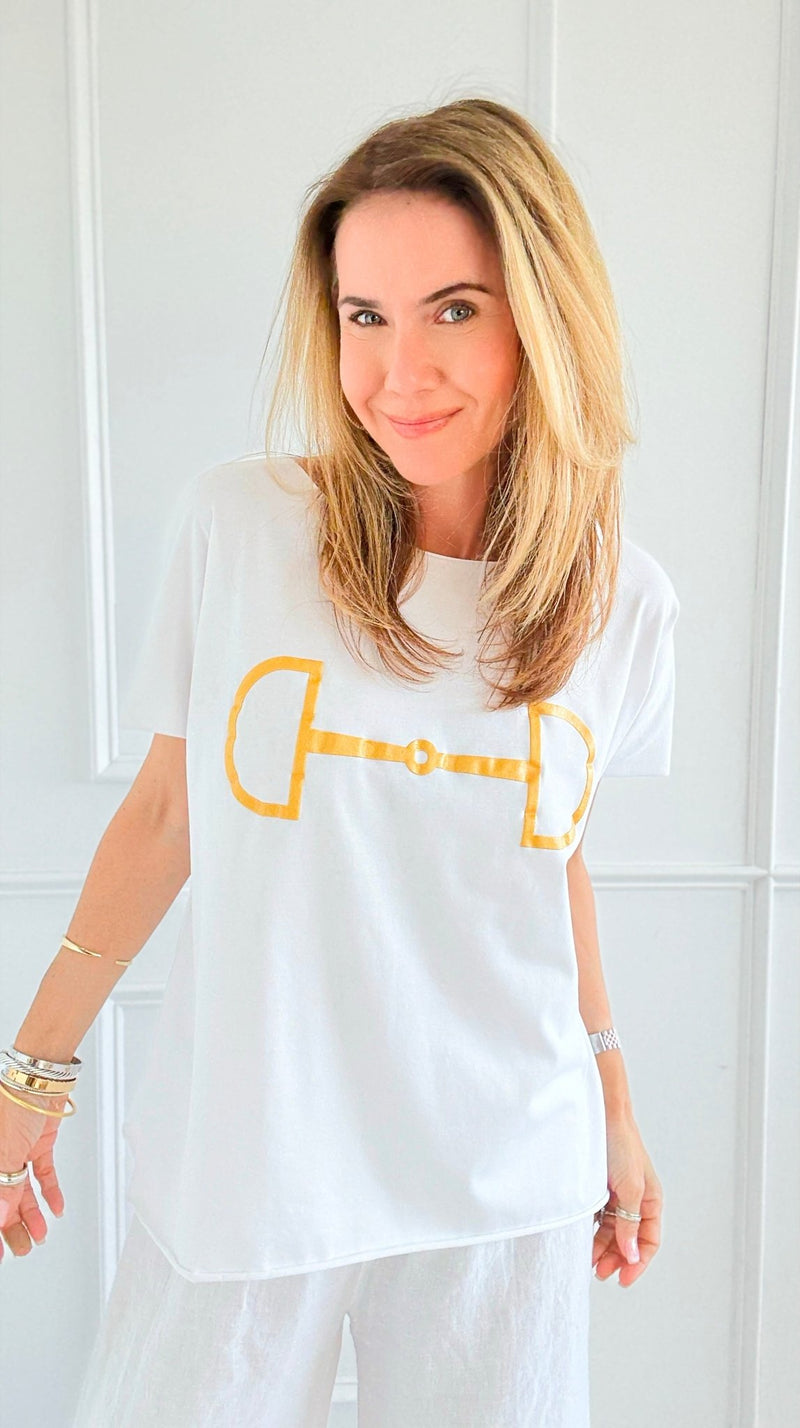 Chic Equestrian Italian Graphic tee- White/Gold-110 Short Sleeve Tops-Italianissimo-Coastal Bloom Boutique, find the trendiest versions of the popular styles and looks Located in Indialantic, FL