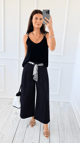 Chic Scarf Belt Wide-Leg Pants - Navy