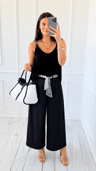 Chic Scarf Belt Wide-Leg Pants - Navy