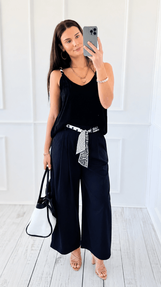 Chic Scarf Belt Wide-Leg Pants - Navy