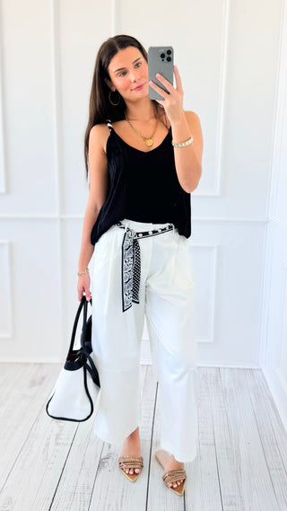 Chic Scarf Belt Wide-Leg Pants - Off White