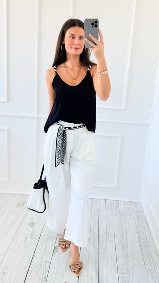 Chic Scarf Belt Wide-Leg Pants - Off White