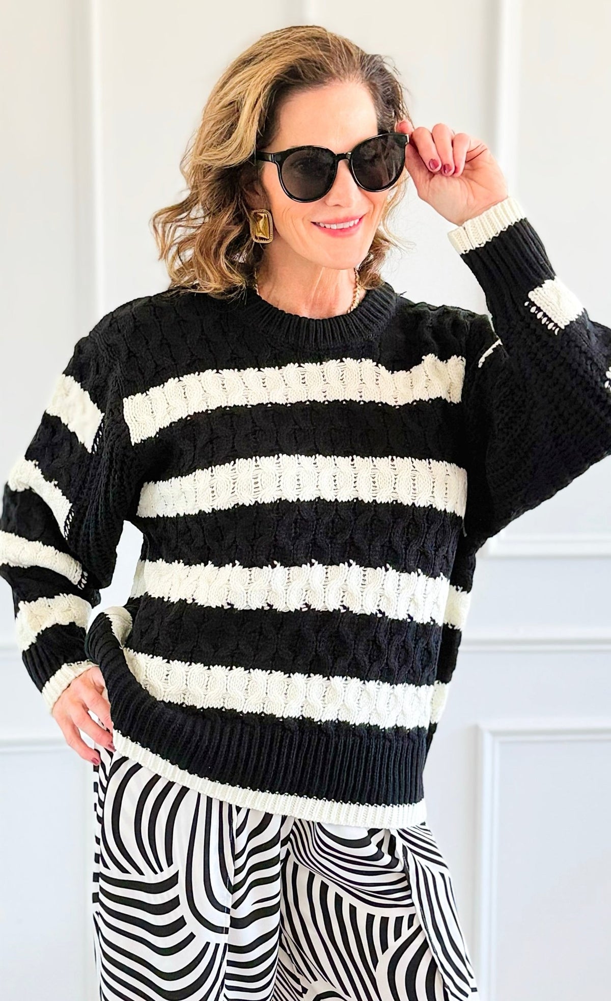 Chic Striped Knit Sweater-140 Sweaters-Rousseau-Coastal Bloom Boutique, find the trendiest versions of the popular styles and looks Located in Indialantic, FL