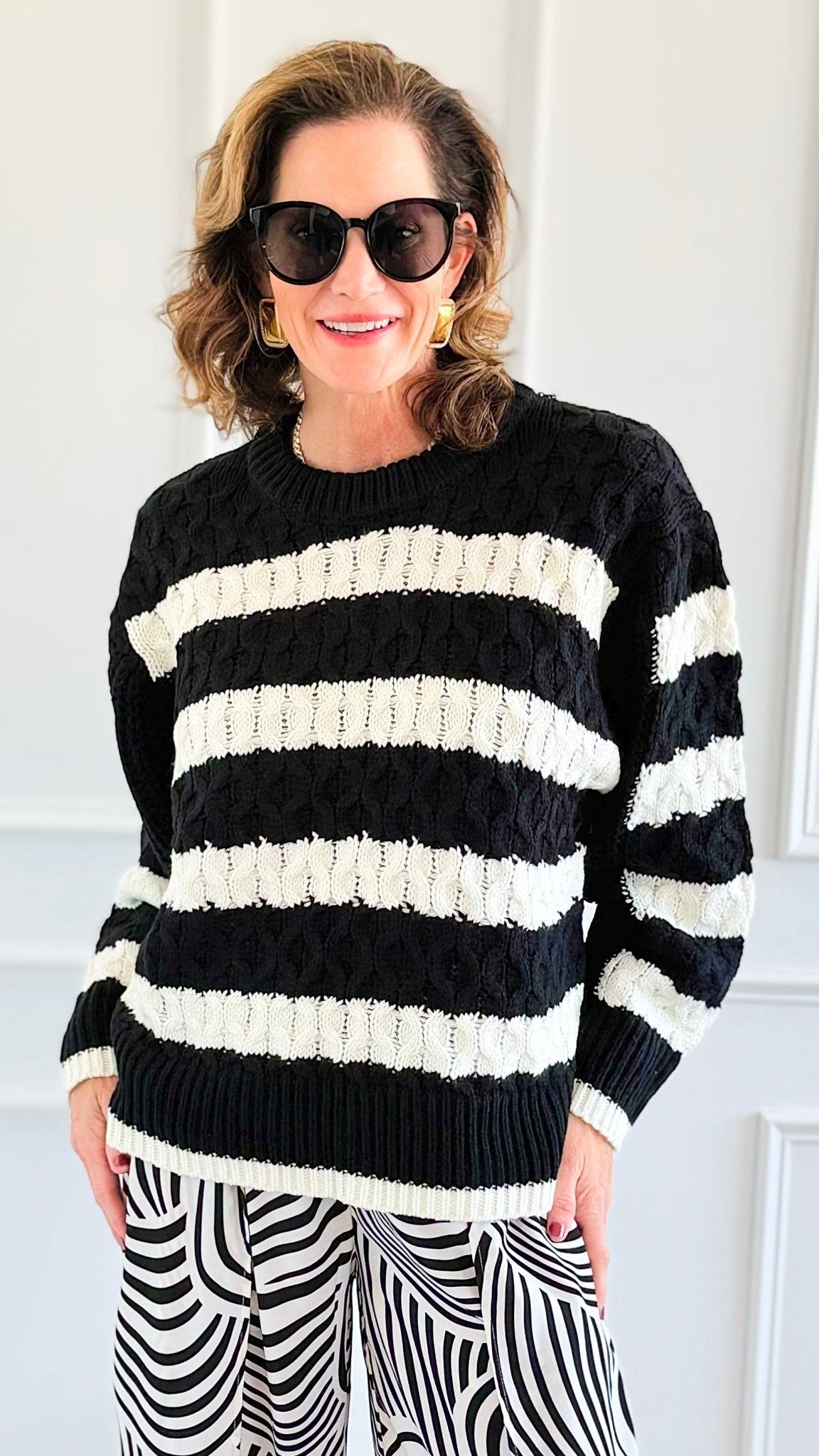 Chic Striped Knit Sweater-140 Sweaters-Rousseau-Coastal Bloom Boutique, find the trendiest versions of the popular styles and looks Located in Indialantic, FL