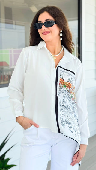 City Print Scarf Accent Blouse