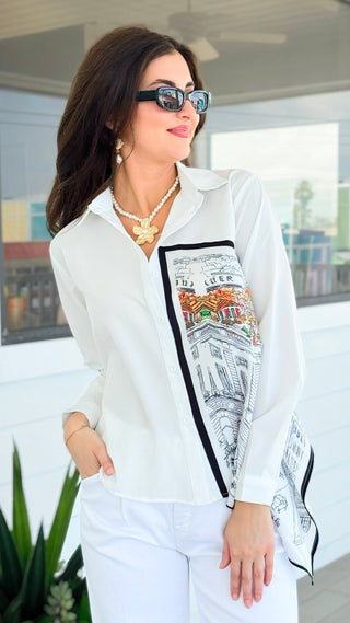 City Print Scarf Accent Blouse