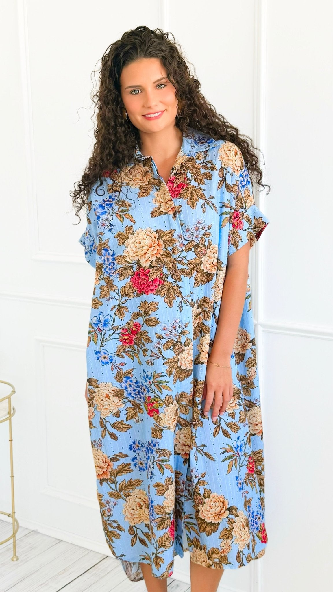 Classic Bloom Italian Button Long Dress- Blue – Coastal Bloom