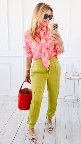 Classic Plaid Tie-Neck Blouse