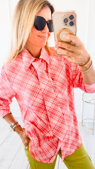 Classic Plaid Tie-Neck Blouse