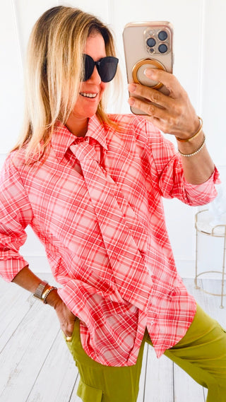 Classic Plaid Tie-Neck Blouse