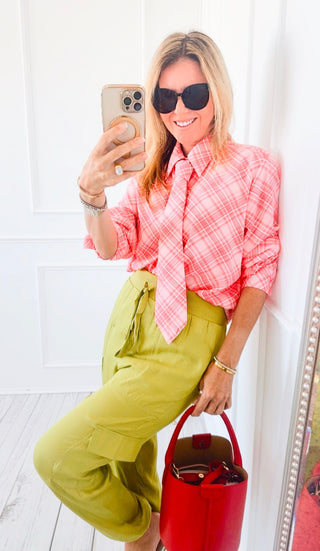 Classic Plaid Tie-Neck Blouse