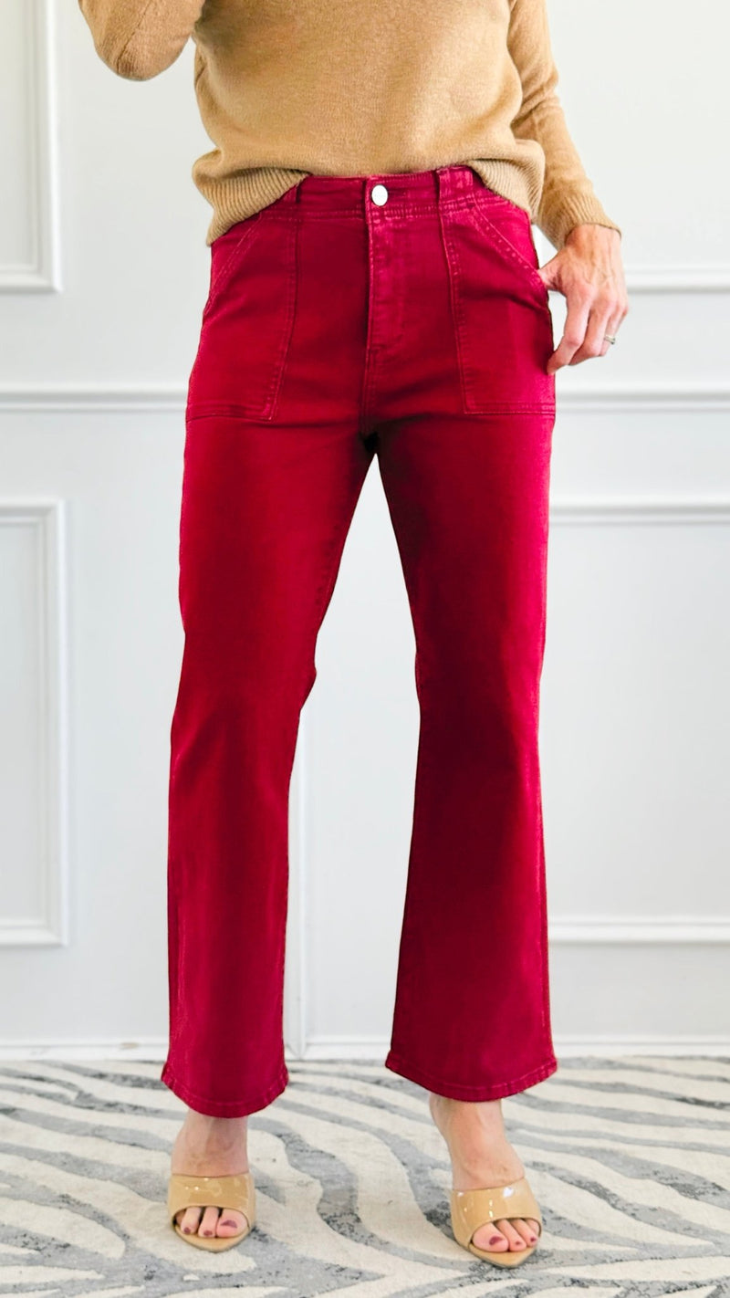Coastal Breeze Ankle-Flare-Patch Pocket Jeans - Wine-190 Denim-Risen-Coastal Bloom Boutique, find the trendiest versions of the popular styles and looks Located in Indialantic, FL