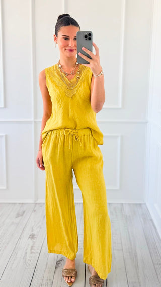 Coastal Escape Linen Italian Pant- Mustard