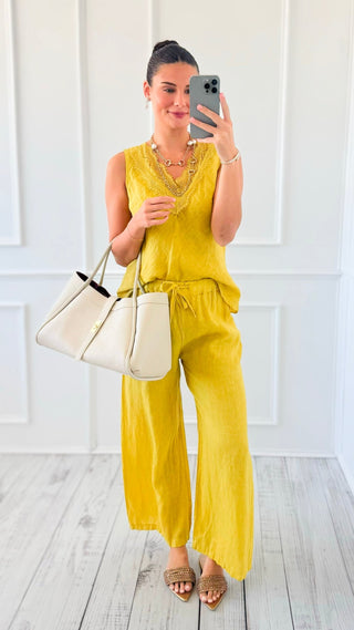 Coastal Escape Linen Italian Pant- Mustard