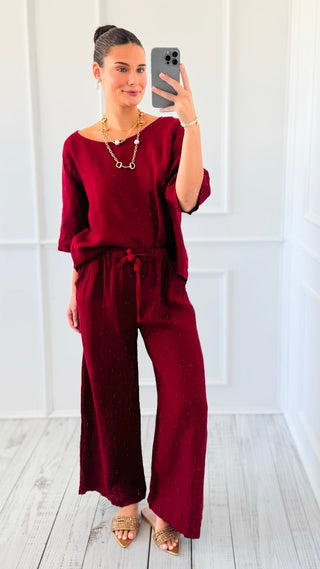 Coastal Escape Linen Italian Pant- Wine