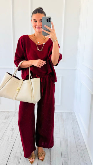 Coastal Escape Linen Italian Pant- Wine