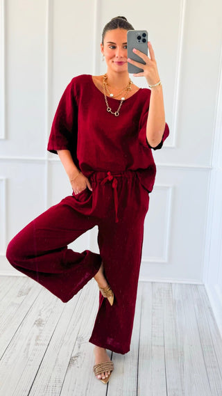 Coastal Escape Linen Italian Pant- Wine