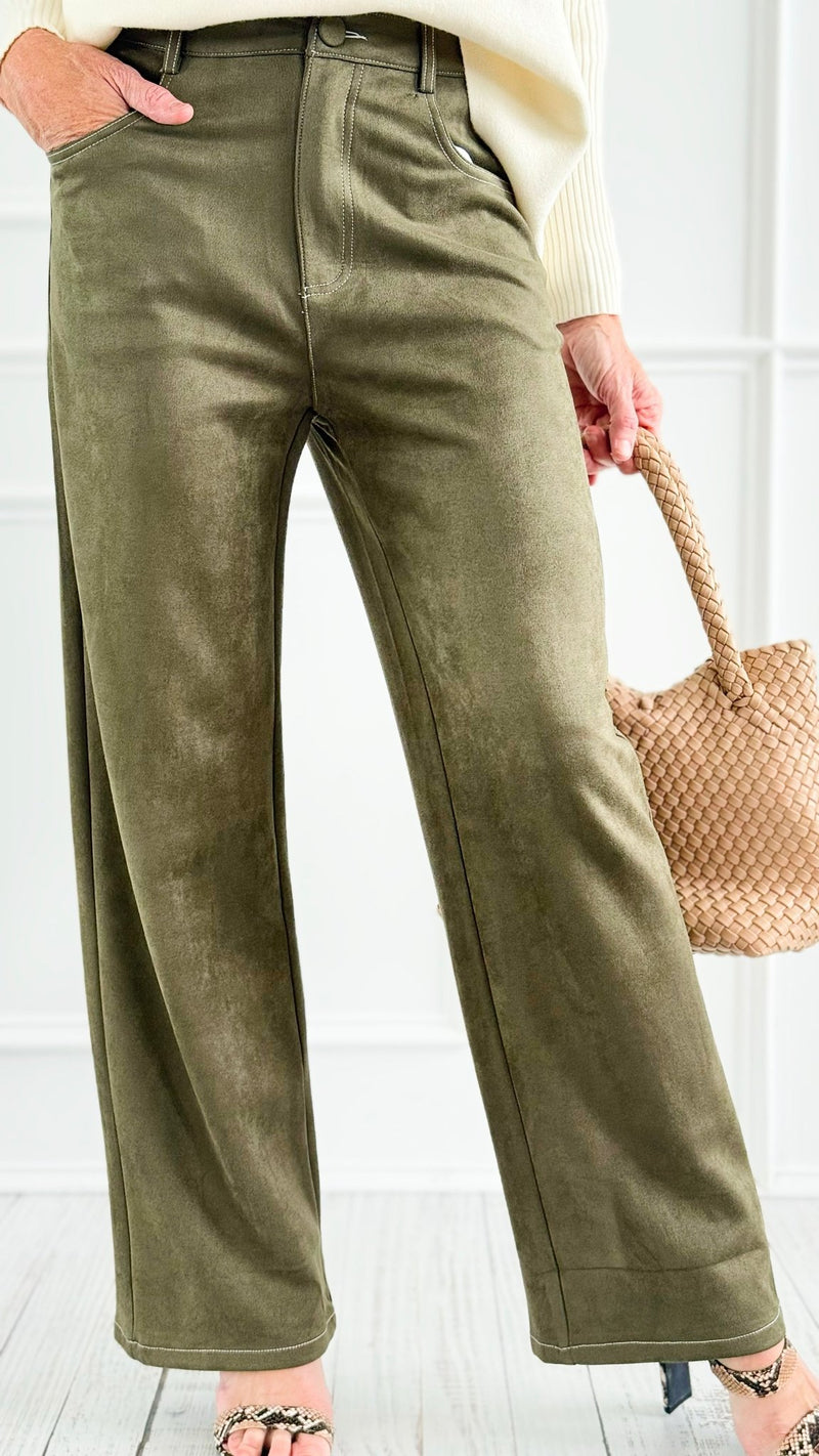 Coastal Luxe Faux Suede Pants - Olive-100 Pants-Tea & Cup-Coastal Bloom Boutique, find the trendiest versions of the popular styles and looks Located in Indialantic, FL