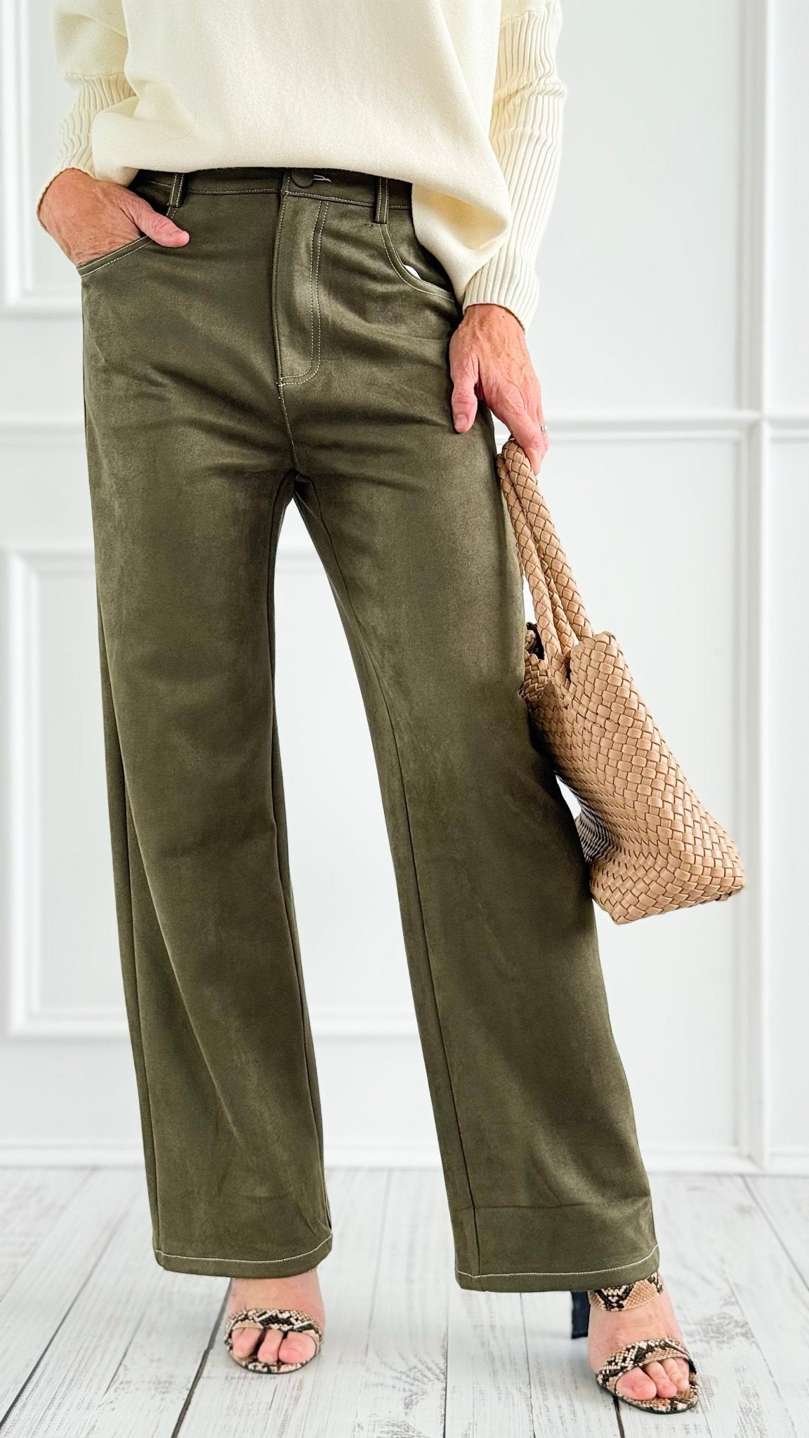 Coastal Luxe Faux Suede Pants - Olive-100 Pants-Tea & Cup-Coastal Bloom Boutique, find the trendiest versions of the popular styles and looks Located in Indialantic, FL