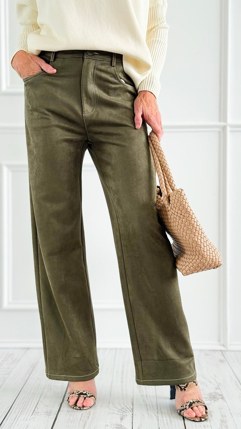 Coastal Luxe Faux Suede Pants - Olive-100 Pants-Tea & Cup-Coastal Bloom Boutique, find the trendiest versions of the popular styles and looks Located in Indialantic, FL