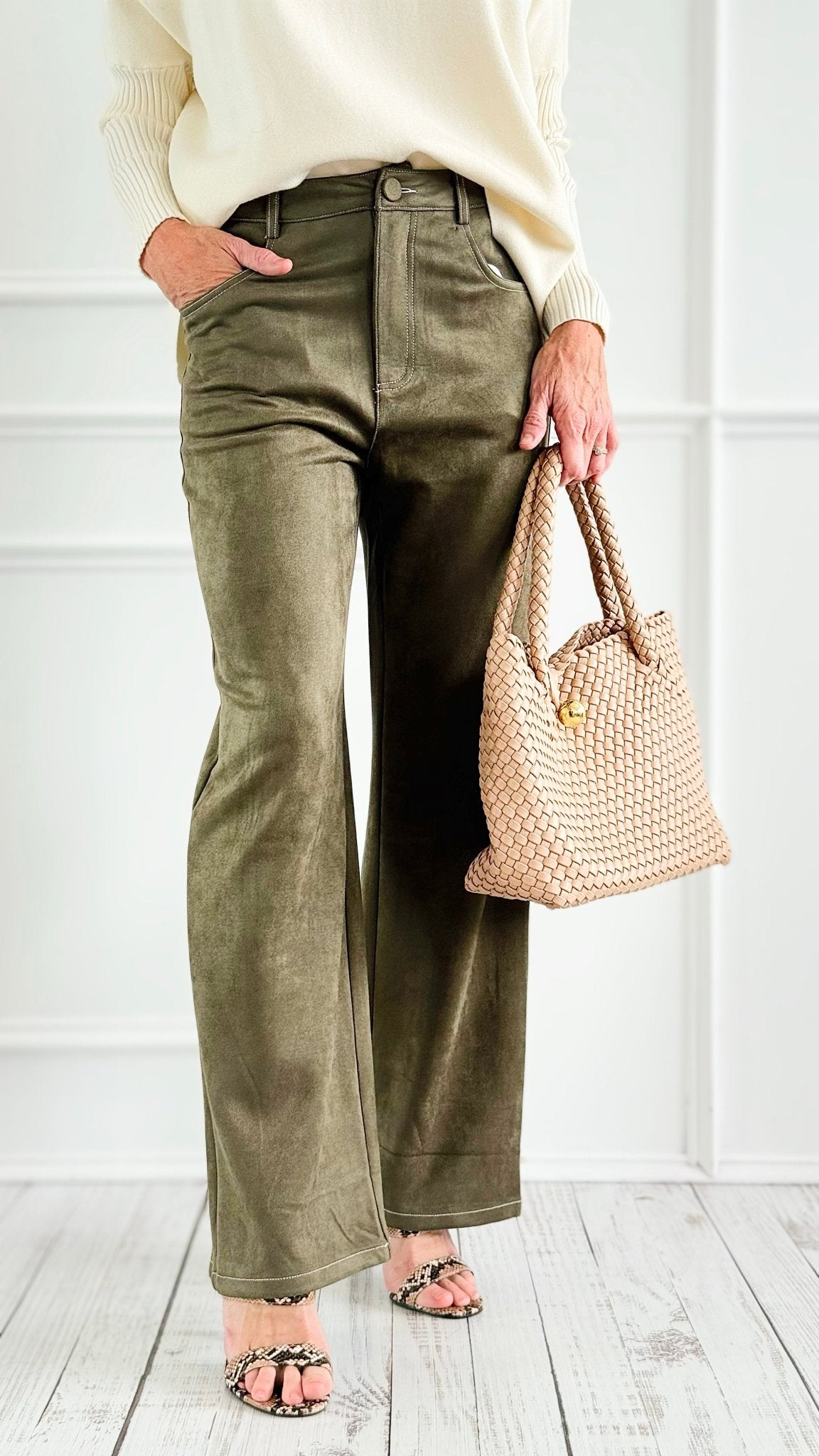 Coastal Luxe Faux Suede Pants - Olive-100 Pants-Tea & Cup-Coastal Bloom Boutique, find the trendiest versions of the popular styles and looks Located in Indialantic, FL