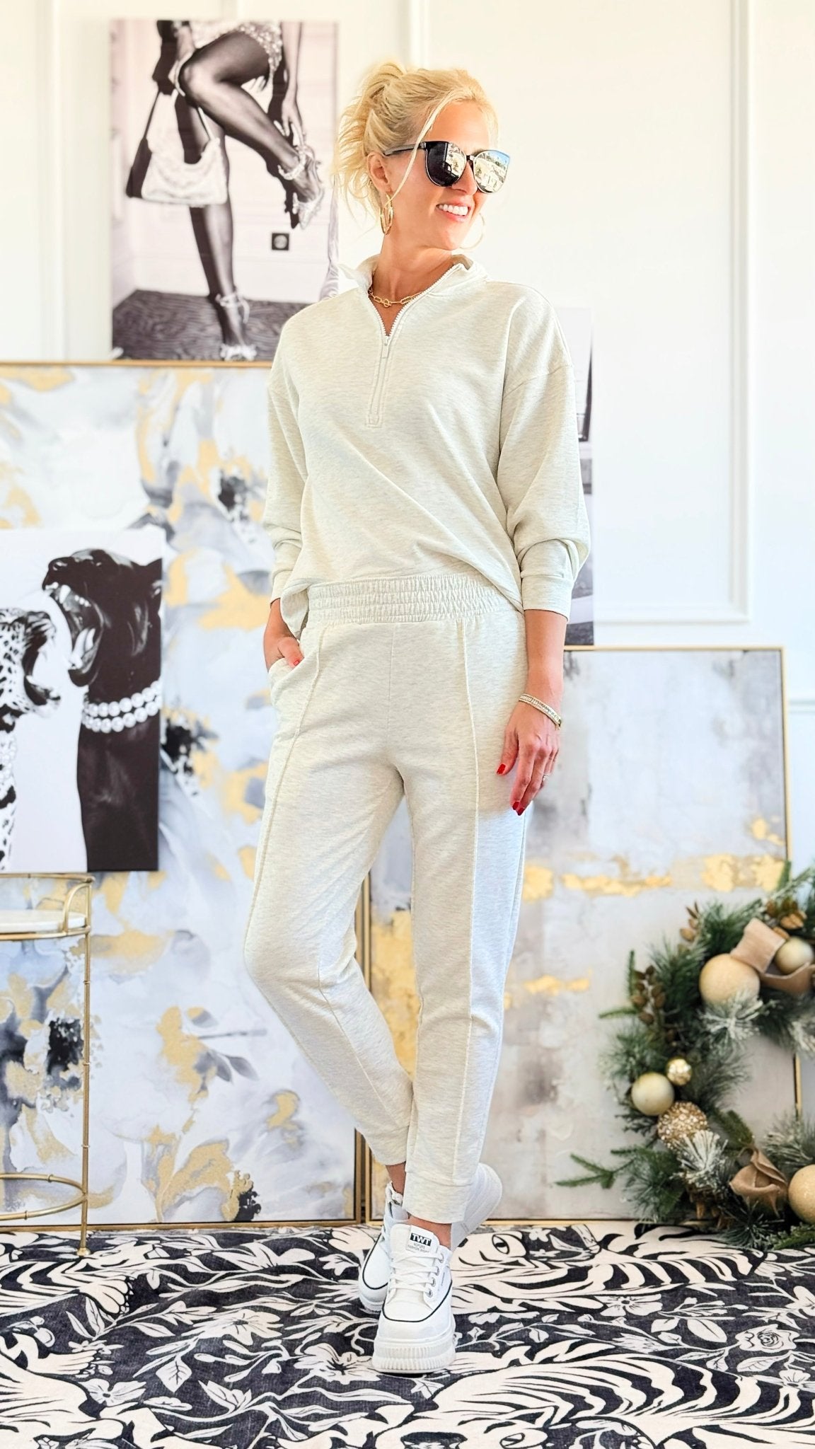 Coastline Half-Zip Pullover & Joggers Set - H Vanilla-210 Loungewear/Sets-Zenana-Coastal Bloom Boutique, find the trendiest versions of the popular styles and looks Located in Indialantic, FL