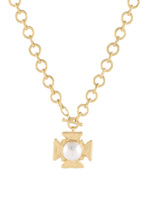 Pearl Cross Pendant Toggle Necklace