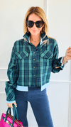 Contrast Cut Plaid Italian Crop Blouse- Green-110 Long Sleeve Tops-Mitica & Co-Coastal Bloom Boutique, find the trendiest versions of the popular styles and looks Located in Indialantic, FL