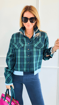 Contrast Cut Plaid Italian Crop Blouse- Green-110 Long Sleeve Tops-Mitica & Co-Coastal Bloom Boutique, find the trendiest versions of the popular styles and looks Located in Indialantic, FL