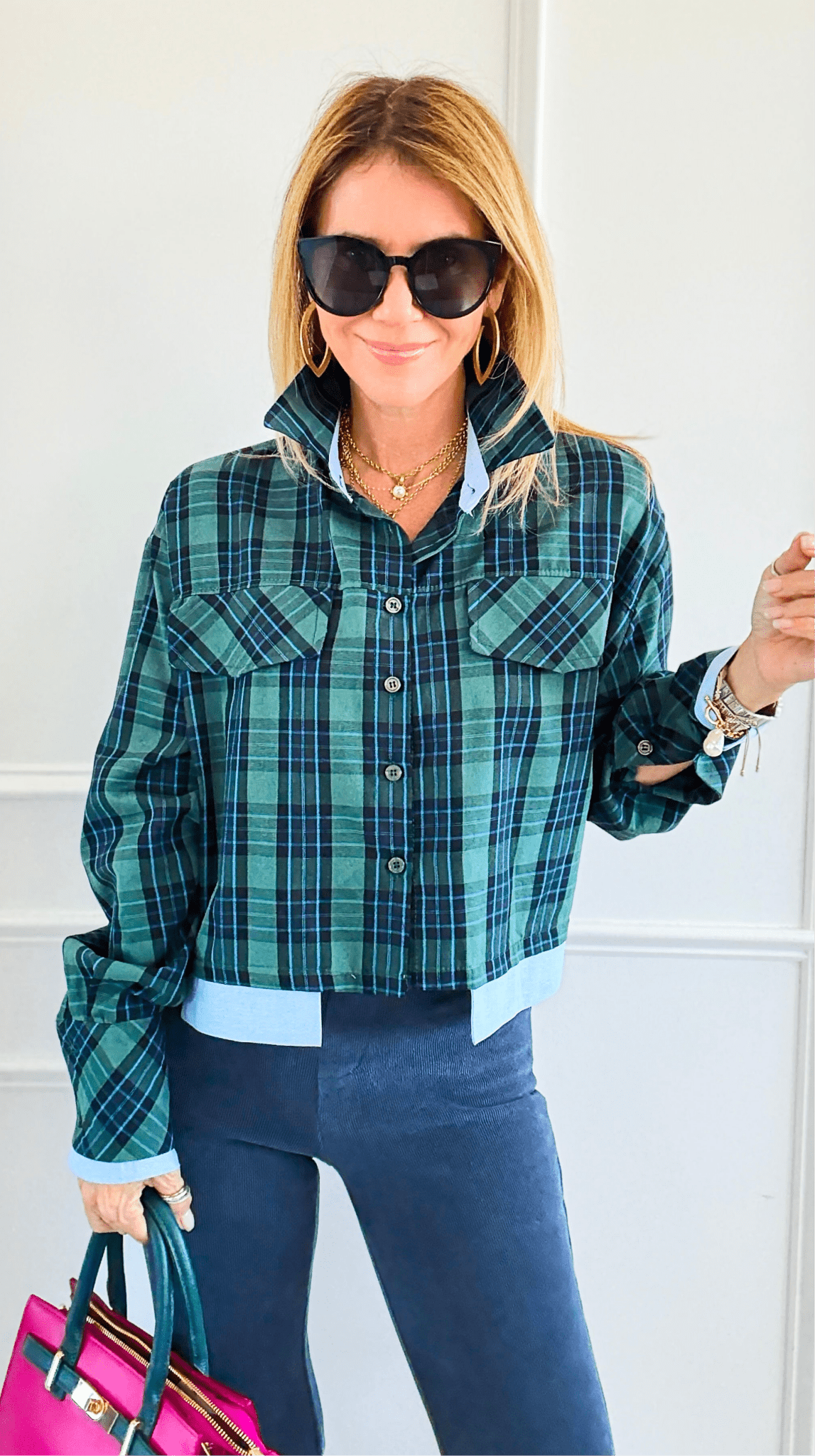 Contrast Cut Plaid Italian Crop Blouse- Green-110 Long Sleeve Tops-Mitica & Co-Coastal Bloom Boutique, find the trendiest versions of the popular styles and looks Located in Indialantic, FL
