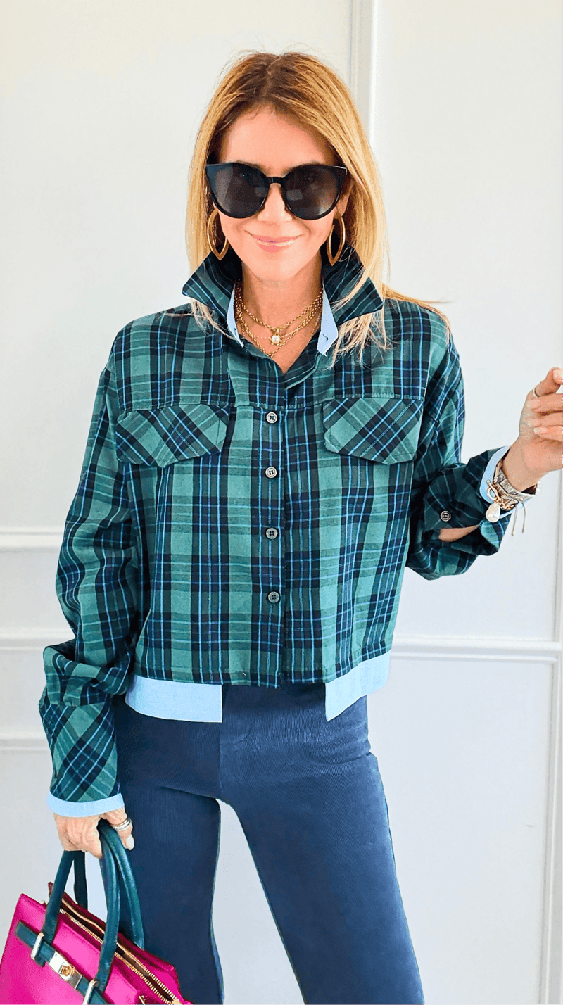 Contrast Cut Plaid Italian Crop Blouse- Green-110 Long Sleeve Tops-Mitica & Co-Coastal Bloom Boutique, find the trendiest versions of the popular styles and looks Located in Indialantic, FL