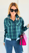 Contrast Cut Plaid Italian Crop Blouse- Green-110 Long Sleeve Tops-Mitica & Co-Coastal Bloom Boutique, find the trendiest versions of the popular styles and looks Located in Indialantic, FL