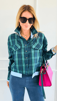 Contrast Cut Plaid Italian Crop Blouse- Green-110 Long Sleeve Tops-Mitica & Co-Coastal Bloom Boutique, find the trendiest versions of the popular styles and looks Located in Indialantic, FL