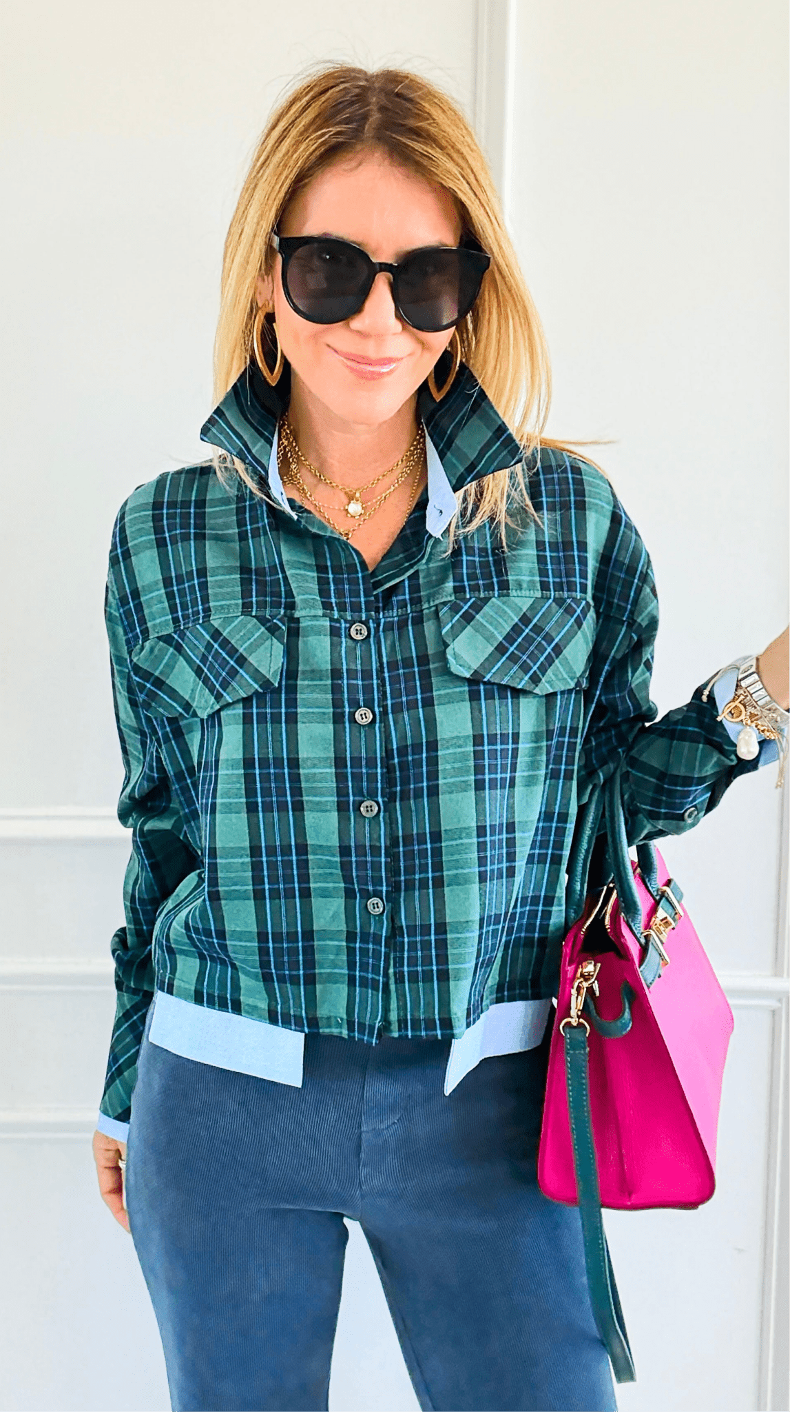 Contrast Cut Plaid Italian Crop Blouse- Green-110 Long Sleeve Tops-Mitica & Co-Coastal Bloom Boutique, find the trendiest versions of the popular styles and looks Located in Indialantic, FL
