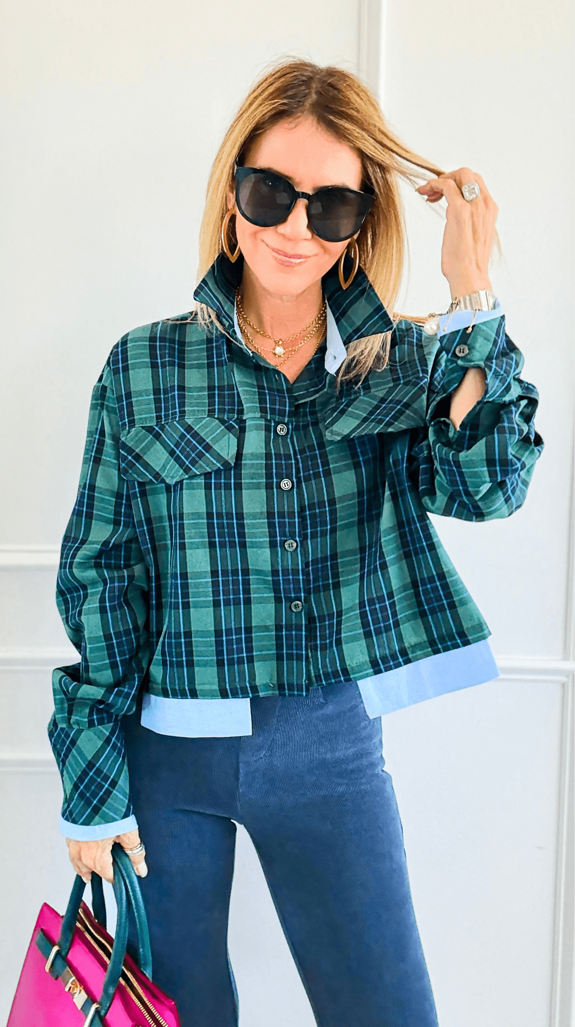 Contrast Cut Plaid Italian Crop Blouse- Green-110 Long Sleeve Tops-Mitica & Co-Coastal Bloom Boutique, find the trendiest versions of the popular styles and looks Located in Indialantic, FL
