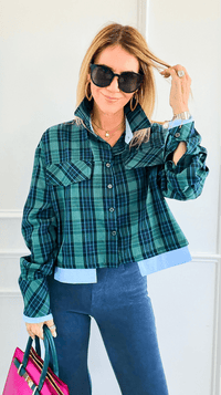 Contrast Cut Plaid Italian Crop Blouse- Green-110 Long Sleeve Tops-Mitica & Co-Coastal Bloom Boutique, find the trendiest versions of the popular styles and looks Located in Indialantic, FL