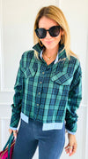 Contrast Cut Plaid Italian Crop Blouse- Green-110 Long Sleeve Tops-Mitica & Co-Coastal Bloom Boutique, find the trendiest versions of the popular styles and looks Located in Indialantic, FL