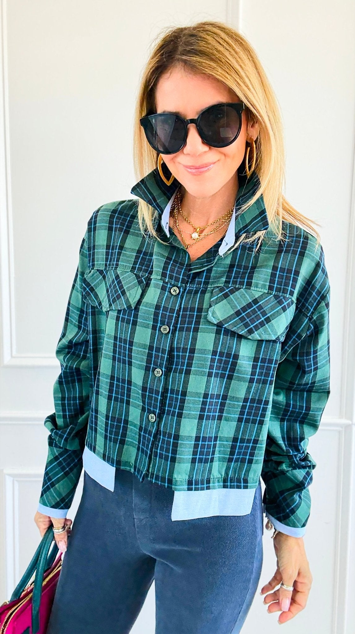Contrast Cut Plaid Italian Crop Blouse- Green-110 Long Sleeve Tops-Mitica & Co-Coastal Bloom Boutique, find the trendiest versions of the popular styles and looks Located in Indialantic, FL